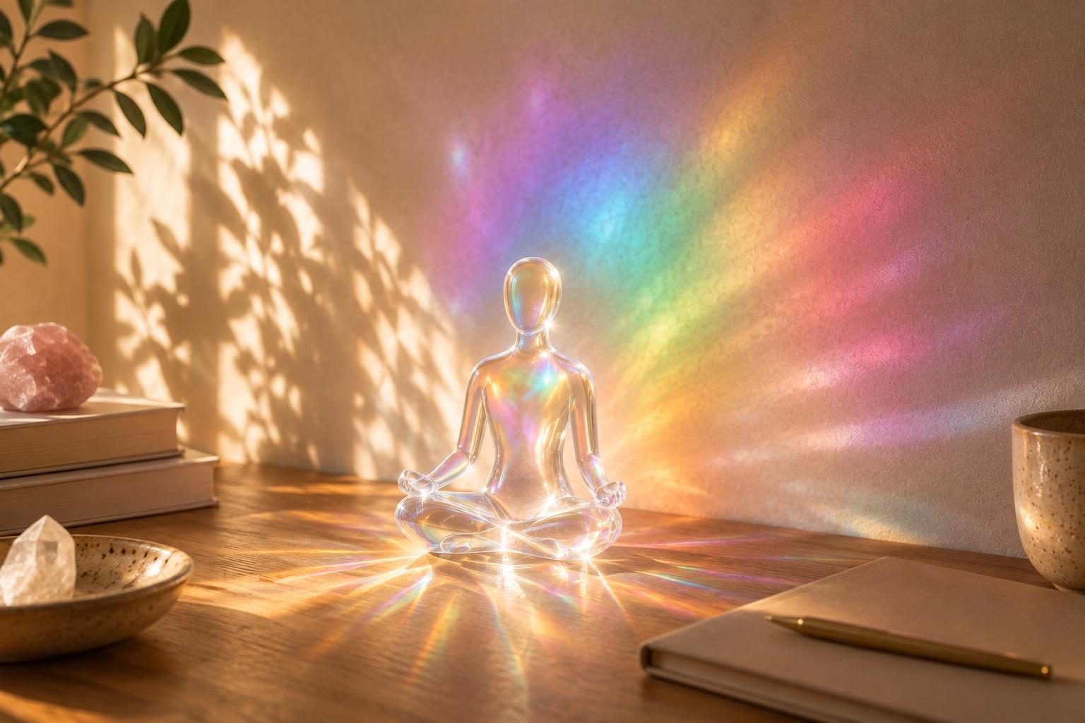 A glass figure meditating in a beam of rainbow light